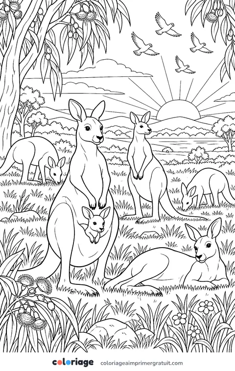 Coloriage kangourous au lever du soleil