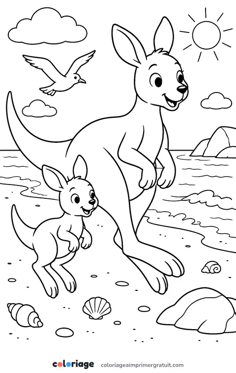 Coloriage kangourous à la plage