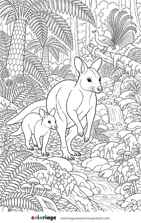 Coloriage wallaby dans la forêt de fougères