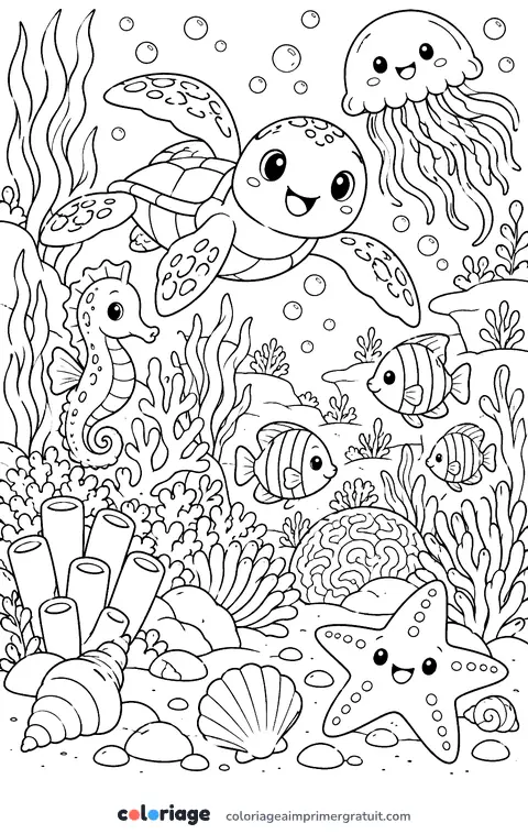 Coloriage récif kawaii
