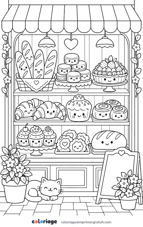 Coloriage vitrine de boulangerie kawaii