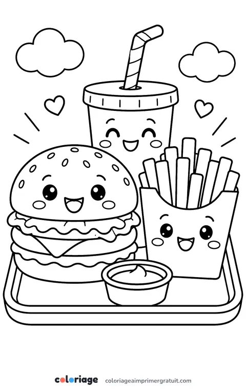Coloriage burger et frites kawaii