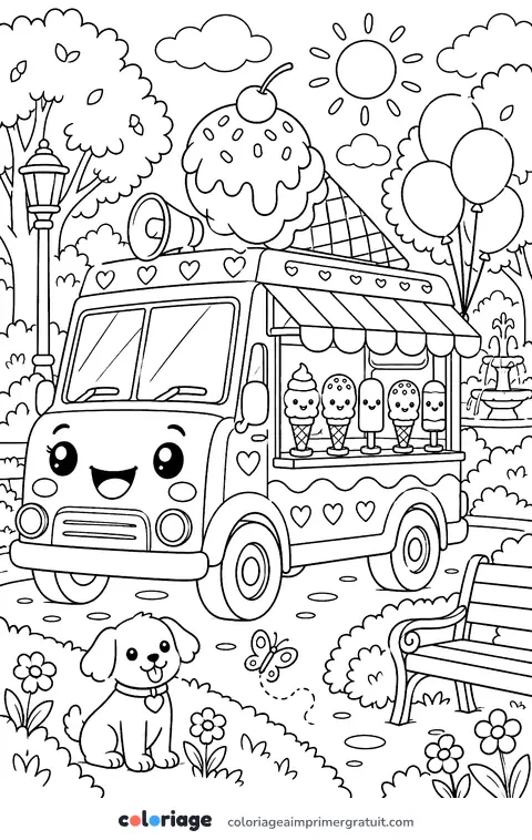 Coloriage camion de glaces kawaii