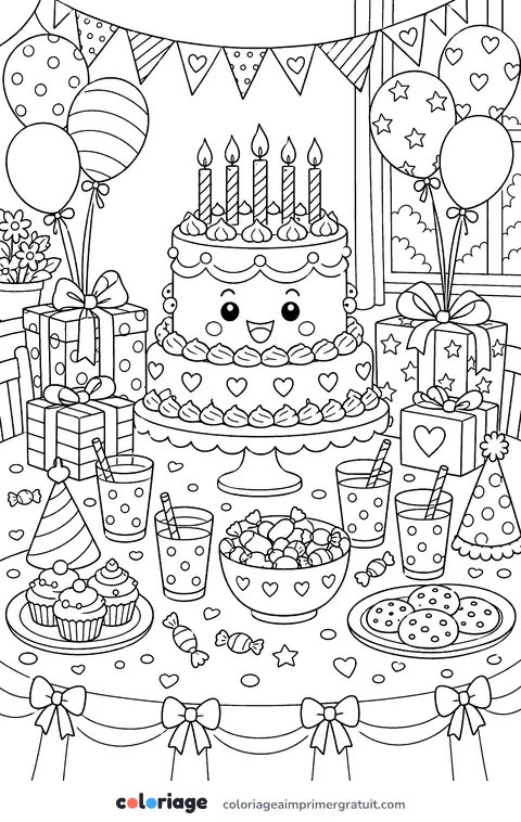 Coloriage goûter d’anniversaire kawaii