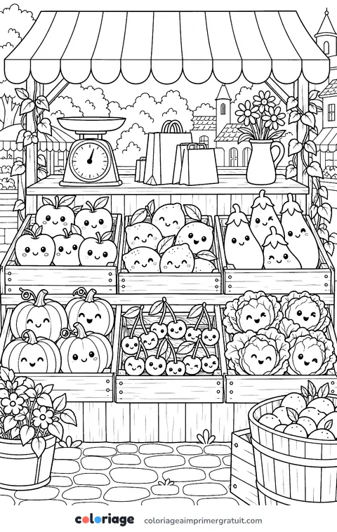 Coloriage marché de fruits et légumes