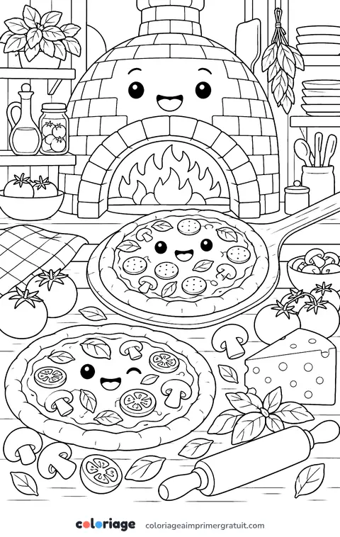 Coloriage four à pizza kawaii