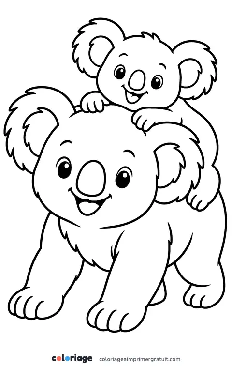 Coloriage bébé koala sur le dos de sa maman