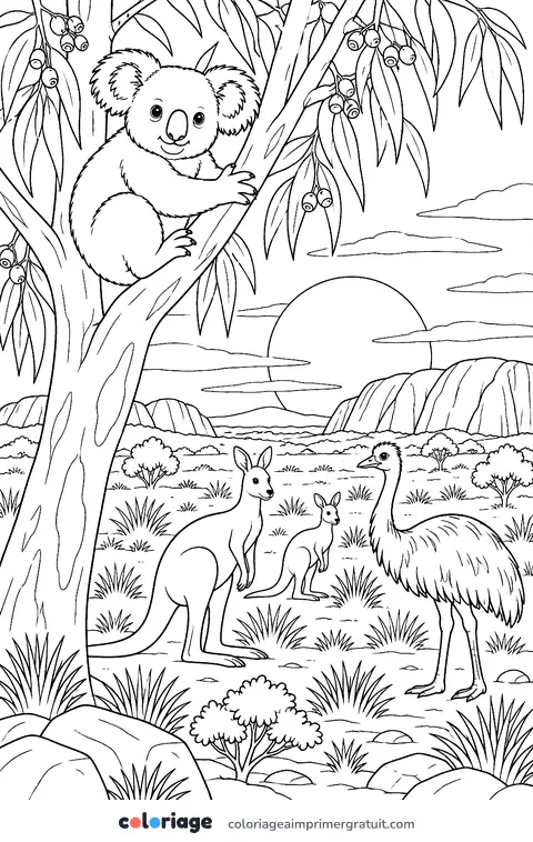 Coloriage koala dans le bush