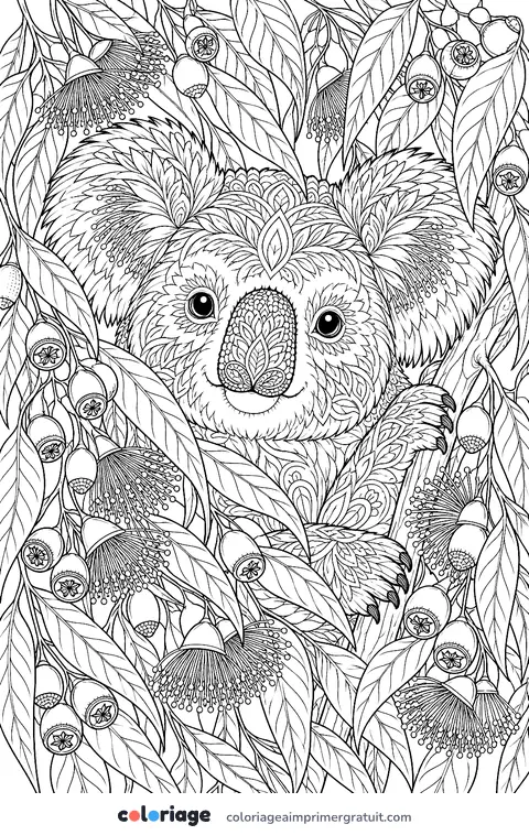 Coloriage koala dans les feuilles d’eucalyptus