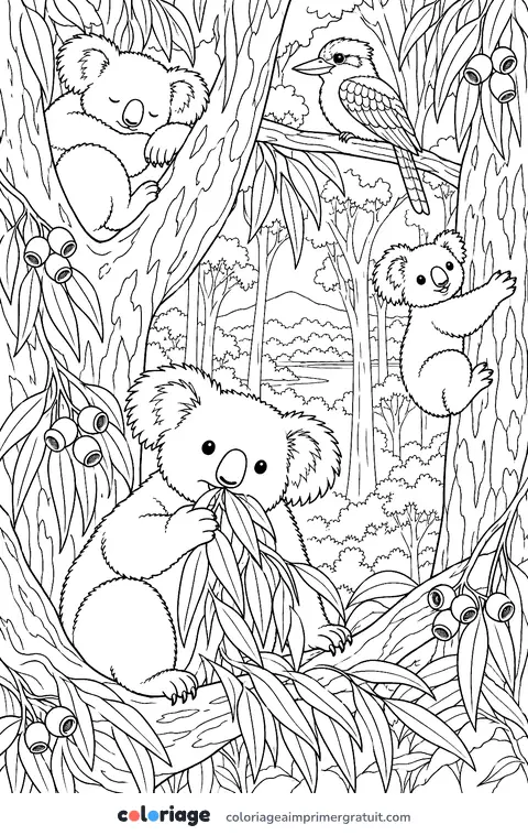 Coloriage koalas dans la forêt d’eucalyptus