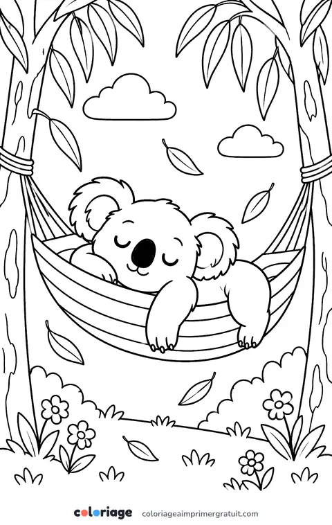 Coloriage koala dans un hamac