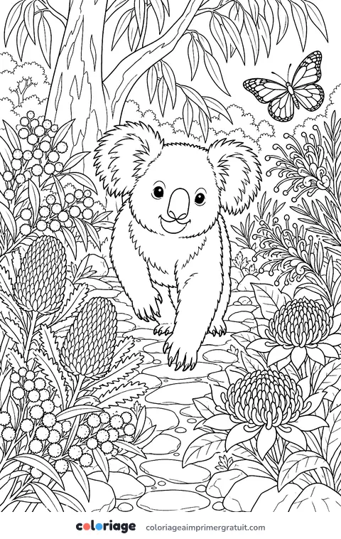 Coloriage koala au jardin de fleurs