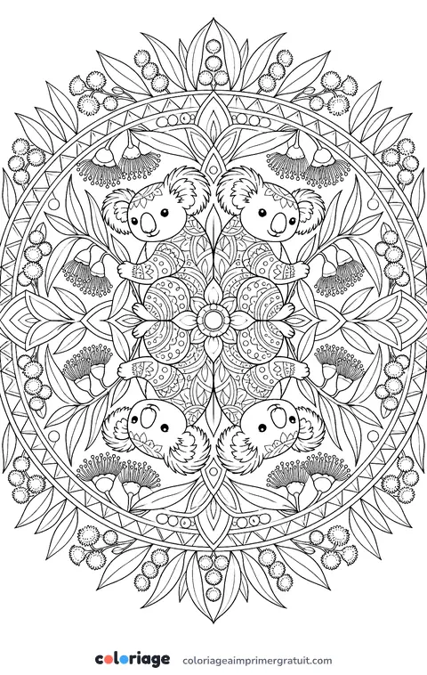Coloriage mandala de koalas