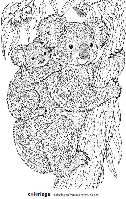 Coloriage maman koala et son petit, réaliste