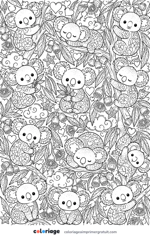 Coloriage motif de koalas kawaii