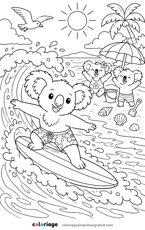 Coloriage koala surfeur