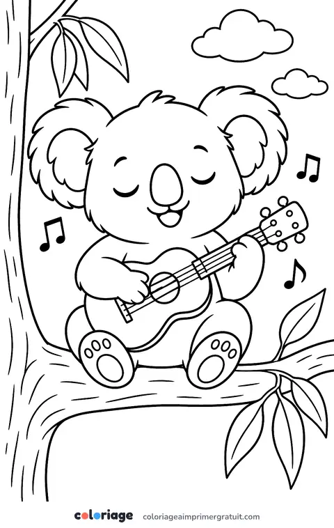Coloriage koala qui joue du ukulélé