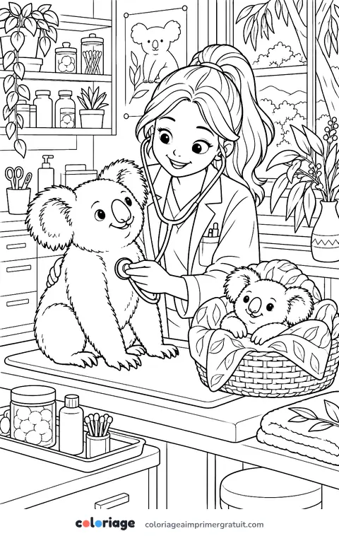 Coloriage koala chez le vétérinaire