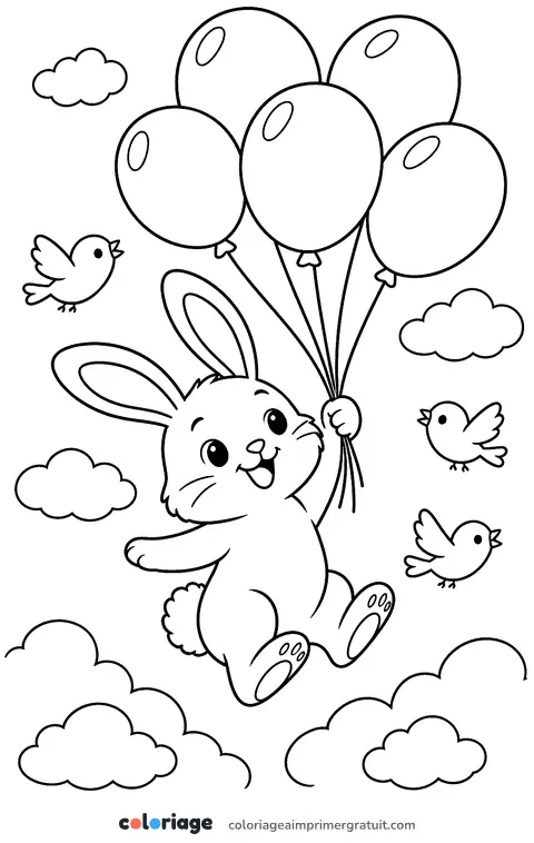 Coloriage lapin qui s’envole avec des ballons