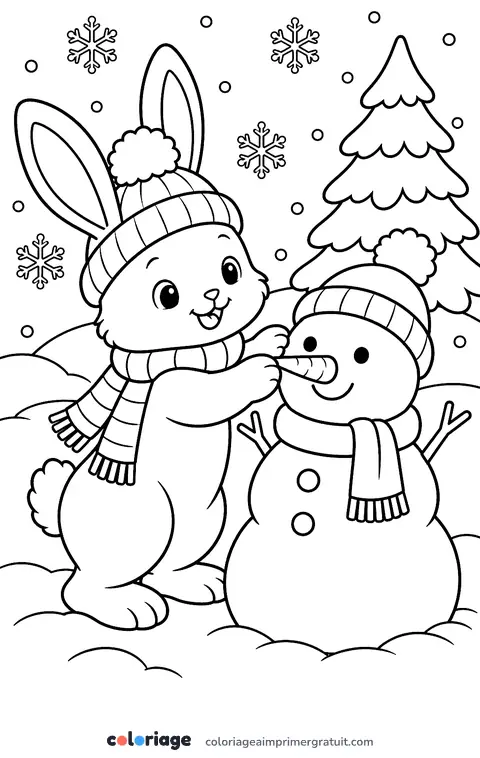 Coloriage lapin et bonhomme de neige