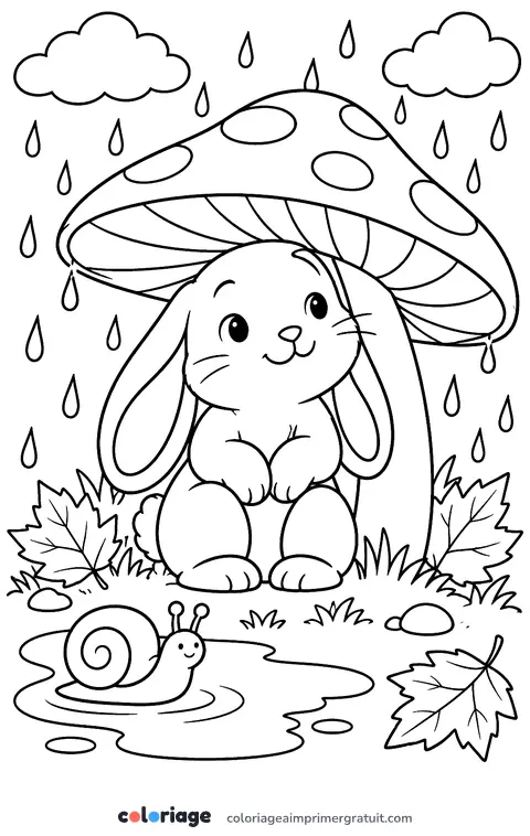 Coloriage lapin à l’abri sous un champignon