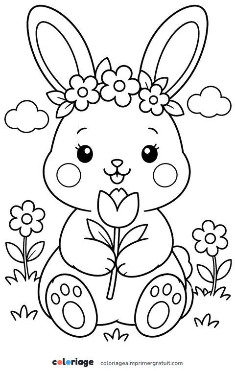 Coloriage lapin à la couronne de fleurs
