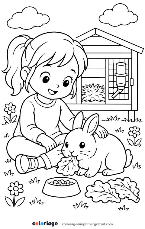 Coloriage enfant et son lapin nain