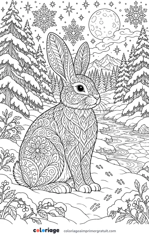 Coloriage lapin dans la forêt d’hiver