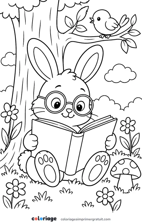 Coloriage lapin qui lit sous un arbre