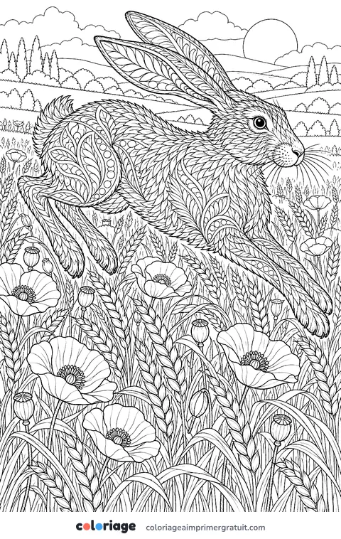 Coloriage lièvre réaliste en pleine course