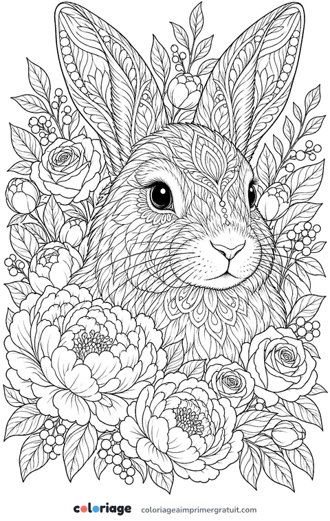 Coloriage portrait de lapin fleuri