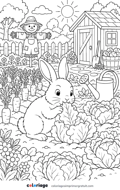 Coloriage lapin au potager