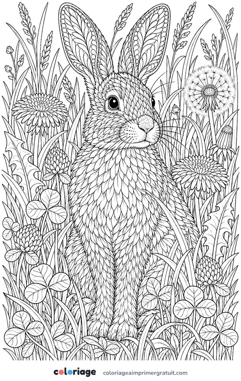 Coloriage lapin réaliste dans l’herbe