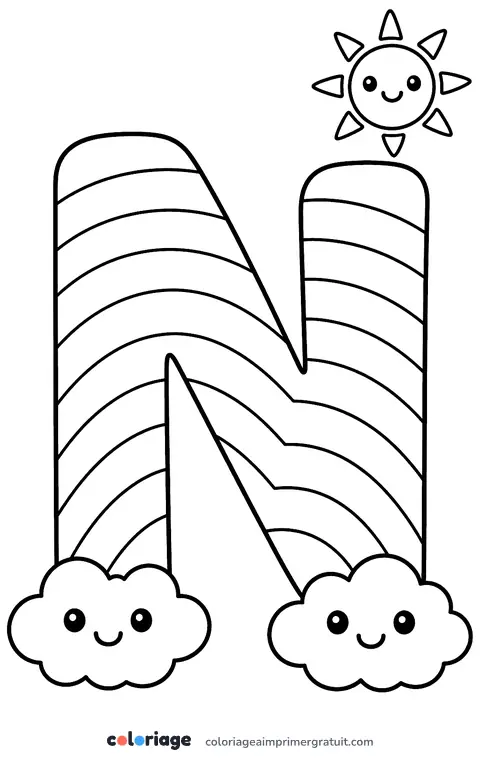 Coloriage lettre N arc-en-ciel