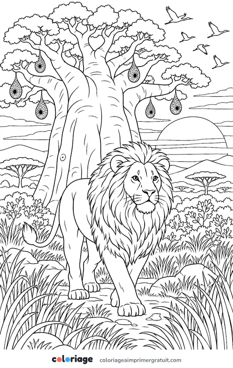Coloriage lion sous le baobab