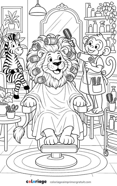 Coloriage lion chez le coiffeur