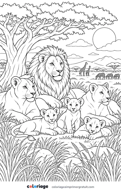 Coloriage famille de lions dans la savane