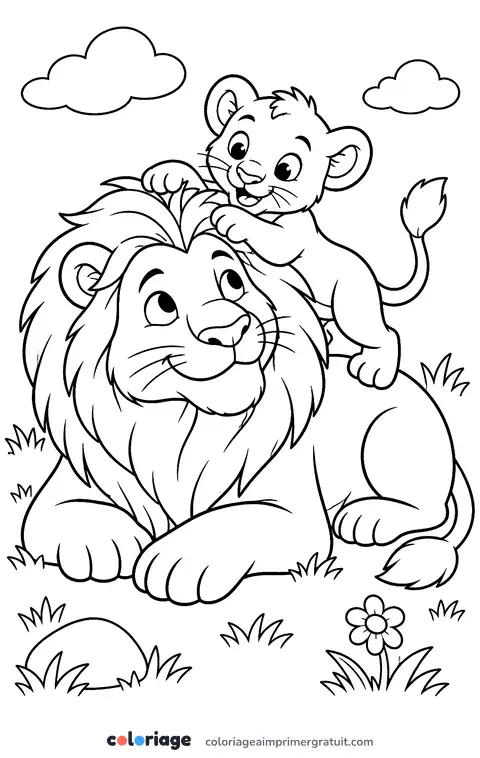 Coloriage lionceau sur le dos de papa