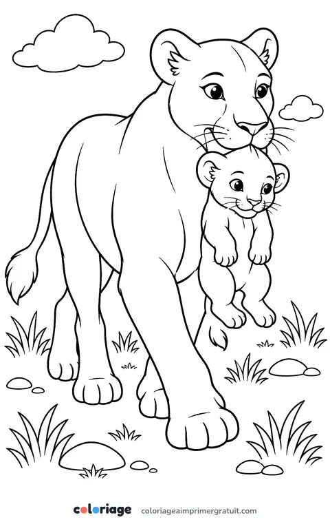 Coloriage lionne qui porte son petit
