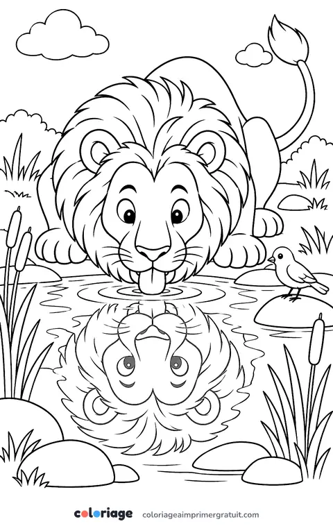 Coloriage lion au point d’eau