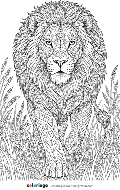 Coloriage lion réaliste qui avance