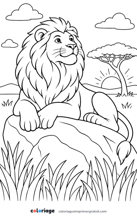 Coloriage lion sur son rocher