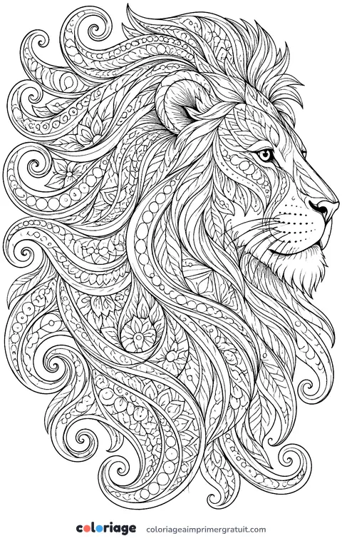 Coloriage lion aux volutes