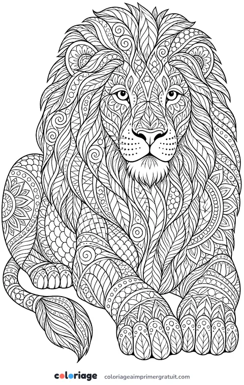 Coloriage lion zentangle couché