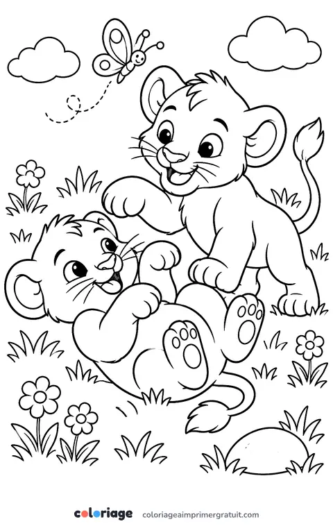 Coloriage lionceaux qui jouent