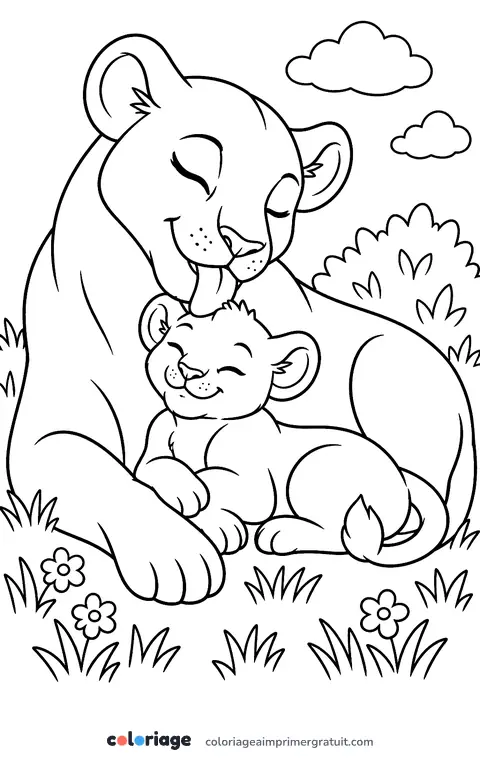 Coloriage lionne et son lionceau