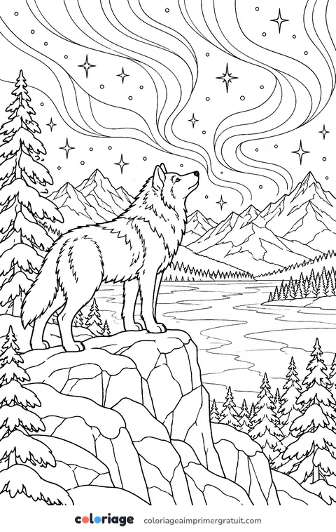 Coloriage loup sous l’aurore boréale