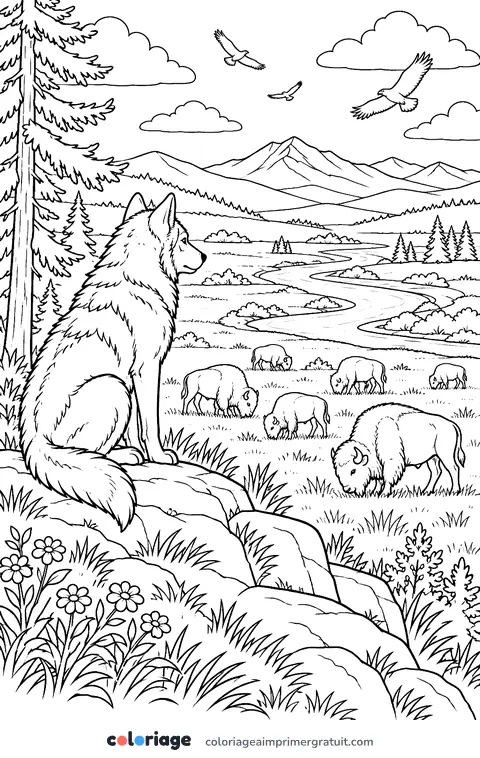 Coloriage loup et bisons