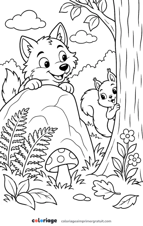 Coloriage loup et écureuil à cache-cache