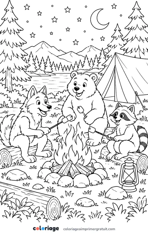 Coloriage loup au camping